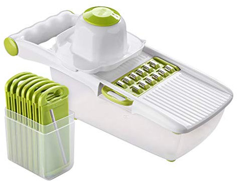 Multifonctions 8 en 1 Mandoline Kitchen, Professionnelle Coupe Legumes,Interchangeables Acier Inoxydable Trancheuse avec Récipient, Eplucheur, Protège Mains, Râpe, Rapide et Facile à Nettoyer (vert)