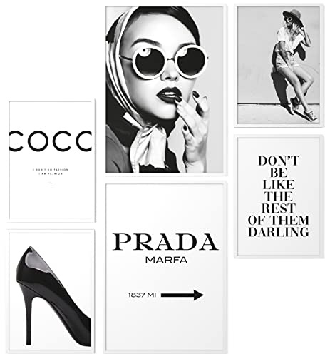 Papierschmiede® Mood Poster Set Coco Schwarz-Weiß, Bilder Wohnzimmer Deko Schlafzimmer, 2x 30x40 cm und 4x 21x30 cm, Glamour - ohne Rahmen