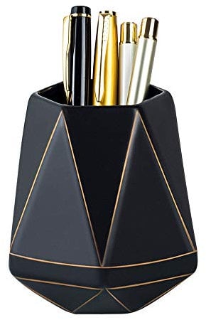 YOSCO Stiftehalter aus Keramik, mit goldener Linie, Geometrie, Stiftebecher, Organizer, Make-up-Pinselhalter (schwarz)