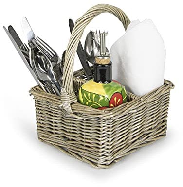 Condiment Holder for Table Cutlery Tray with 4 Compartments - Antique Wash Natural Willow Table Caddy with Carry Handle Cutlery Storage - Condiments Organiser for BBQ, Table or Worktop