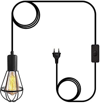 Crzpchas Retro Hängelampe mit stecker Vintage Lampenschirm Pendellampe mit 600cm Kabel Schalter E27 Lampenfassung mit Schalter Schwarz Küchenlampe Metal Cage Pendelleuchte für Garage