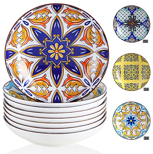vancasso serie Jasmin Platos Hondos 8 pcs Vajillas de Porcelana Cocina Platos Redondos para Sopa Ensaladera Patrón de Jazmín Multicolores Porcelana