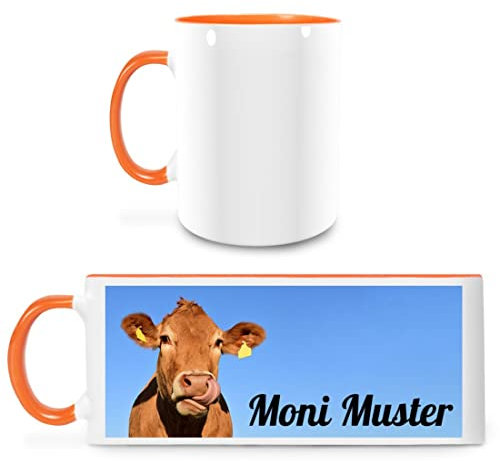 Tasse mit Namen - personalisiert - Motiv Kuh - viele Farben & Motive - weiß/orange - persönliches Geschenk mit Wunsch-Motiv und Wunsch-Name