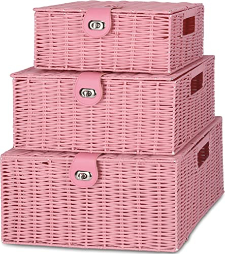 Honygebia Pink Wicker Storage Baskets, Set of 3 Decorative Nesting Boxes with Lids, Woven Basket with Lock and Handle, Organizer for Beauty Bathroom Decor