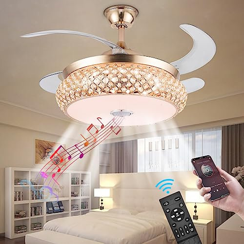 WWahuayuan 42 Inch Retractable Invisible Ceiling Fan with Light and Bluetooth Speaker, Modern Bluetooth Fan Chandelier with Remote Control 3 Color Change 36W LED
