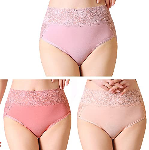 Serecofo Pacco da 3 Slips in Pizzo in Cotone da Donna Mutande Vita Alta Biancheria Intima Lingerie Donna Taglia 40-56 Culotte Mutandine (Rosa, Albicocca Chiara, Rosa Chiaro,40-42)