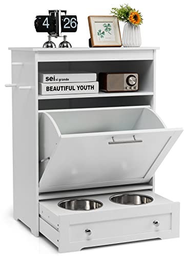 COSTWAY Haustier-Futterschrank mit 2 Edelstahlnäpfen, 2 in 1 Lagerschrank & Futterstation, Hundefutter mit Haken & Kipptür & Anti-Kipp-Design, Spielzeugaufbewahrung für Hunde, Weiß