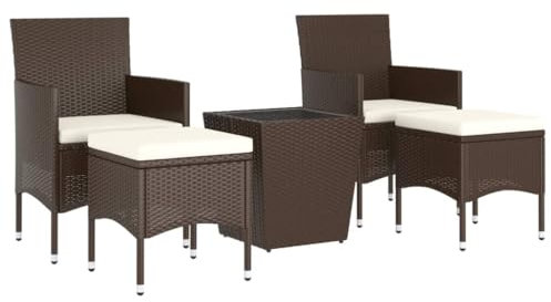 vidaXL Garten Bistro Set 5-TLG., Gartenmöbel Tisch 2 Stühle 2 Fußbänke, Gartengarnitur mit Stahlrahmen, Sitzgruppe Terrassenmöbel, Poly Rattan Hartglas Braun