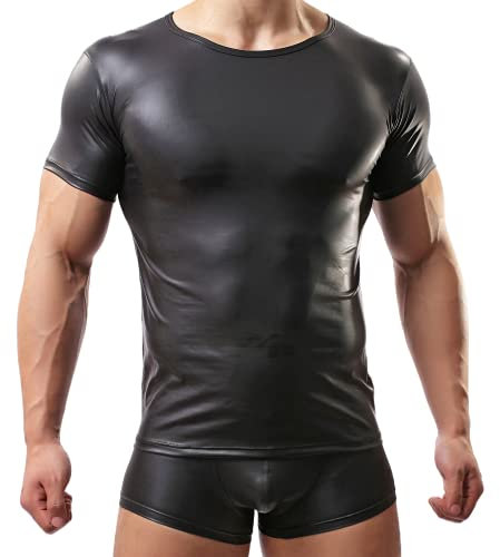 Crongless Herren Sexy T-Shirt,Lackleder Kurzarm Wetlook Top Unterhemd Fitness Latex Shirts Tank Top Slim Fit(L)
