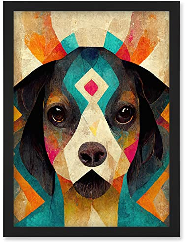 Wee Blue Coo Quirky Boho Abstract Modern Shaman Guru Dog Artwork Framed Wall Art Print A4