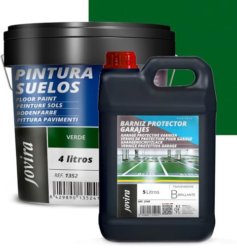 JOVIRA PINTURAS Pintura Suelos, Garajes y Pavimentos Deportivos en general, acabado Mate. Protege y decora las superficies de hormigón, cemento y asfalto. (Pack 5 L Barniz + 4 L Pintura, Verde)