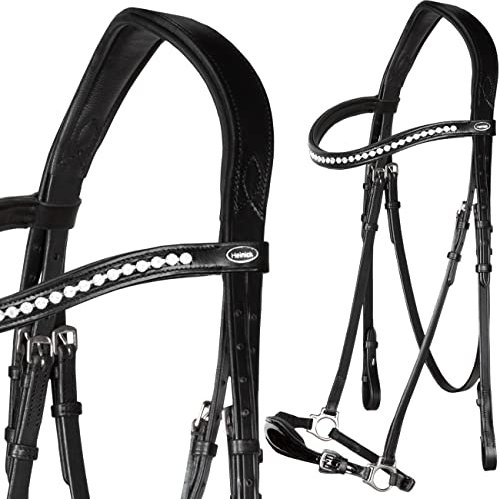 Heinick Trense Hannoveranisch verstellbar Stride Schwarz Lack Diamond Schnallen oder Zaumhaken Warmblut 9 Stirnriemen