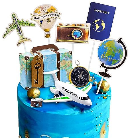 Rismise Adventure Cake Toppers - Airplane, Map, Camera, Heart, Suitcase Decorations for Travel Themed Party