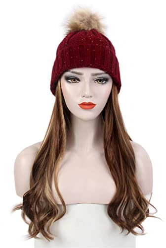 n/a Modische europäische und amerikanische Damen-Haar-Hut-rote gestrickte Hut-Perücke-lange gelockte braune Perücke und Hut