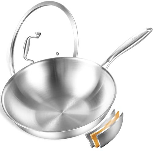 DELARLO Tri-Ply Stainless Steel Woks, 12 Inch Cooking Wok Pan with Lid, Wide & Deep Cookware Stir-Fry Pans, Dishwasher and Oven Safe Up To 600°F, Works on Induction