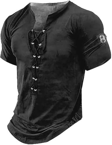 Jeanshemd Herren Crop Tops Jeans Hemden FüR Herren MäNner Mittelalter Retro SchnüRen Henley Shirt V-Ausschnitt Kurzarm Vintage Casual Tshirts Sommer Outdoor Weise T-Shirt Herren Set (Schwarz, Xl)