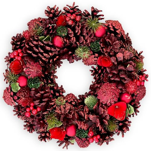MIJOMA Weihnachtskranz Tannenzapfenkranz - Wunderschöne Winterliche Dekoration für Wand und Tür - Handgearbeiteter Adventskranz mit echten Tannenzapfen, künstlicher Tanne und Beeren (rot/grün)