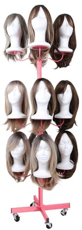 Lhysn Wig Head Stand for Styling 12-Head Wig Holder for Multiple Hairpiece Display Mannequin Head Stand Tripod Metal Organizer Storage Rack Black- Patent Protected (Small pink)