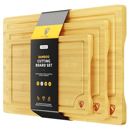 Cuttero Cutting Boards for Kitchen - Bamboo Cutting Board Set of 3, Cutting Boards w/Juice Grooves, Thick Chopping Board for Meat, Veggies, Easy Grip Handle - Kitchen Gadgets Gift