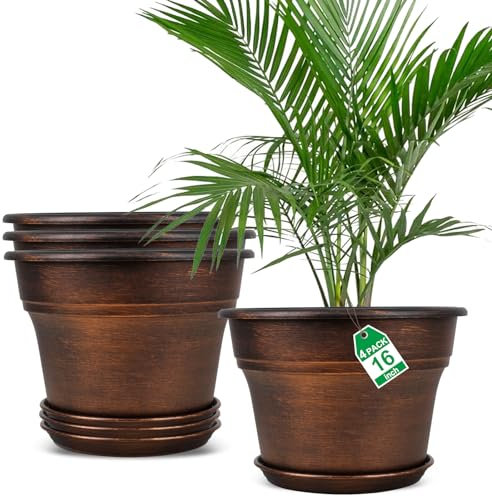 Pflanzgefäße, 40,6 cm, großer Kunststoff-Blumentopf für Zimmerpflanzen mit Drainagelöchern und Tabletts, dekorative Behälter-Sets aus Kunstharz mit Untersetzer, für Haus, Outdoor, Garten, Kupfer, 40,6