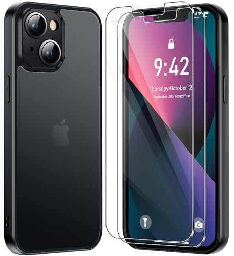 Fiyoarbb Clear Case for iphone 13 with 2 Pack Tempered Glass Screen Protector, Non-Yellowing Shockproof Phone Bumper Cover, Hard PC Anti-Scratch Clear Back (Black)