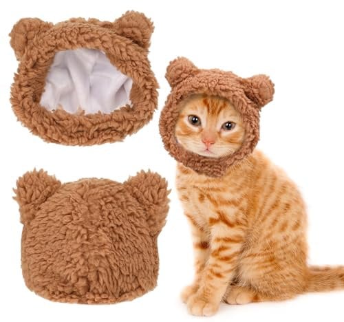 WLLHYF Süße Katze Wintermütze Warm Bärenmütze Weich Bequem Verstellbar für Kleine Haustiere Kopfbedeckung Kostüm Kleidung für Katzen, Hunde (Braun)