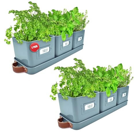 Green Thumbz Herb Pots for Kitchen Windowsill - 2 Pack Teal Blue Herb Planter Indoor with Leather Handled Tray - Ideal for an Indoor Herb Garden, Plants and Flowers - Labels Included