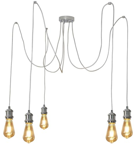 ANMOBANG Vintage Pendant Light Fitting Multi Light Modern Retro Industrial Style E27 Lamp Holder 200cm Cable Spider Pendant Light for Kitchen Island Living Room Dining Room (Chrome, 5 Lights)
