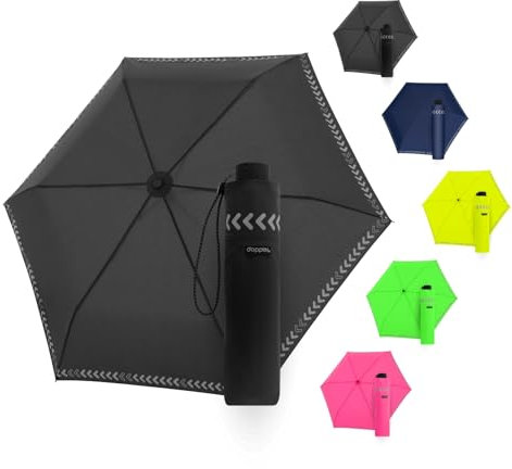Doppler Regenschirm Safety Reflect in neon black I Regenschirm mit reflektierendem Rand & Handöffner I Mini Schirm mit passender Schirmtasche I Kinderschirm reflektierend