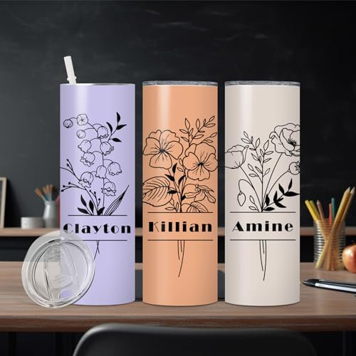 zouwii Vaso De Flores Personalizado Del Mes De Nacimiento, Vaso Aislado Personalizado Del Mes De Nacimiento De 20 Oz Con Paja, Vaso Personalizado Del Día De La Madre Con Nombre