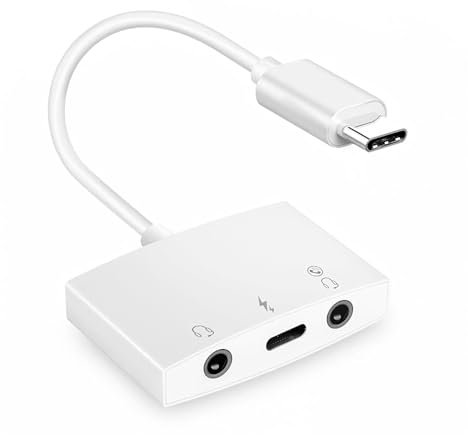 Adaptador USB C a Doble Conector de Auriculares de 3,5 mm + Puerto de Carga Tipo C,Adaptador de Audio USB-C 3 en 1 para Múltiples Dispositivos USB-C