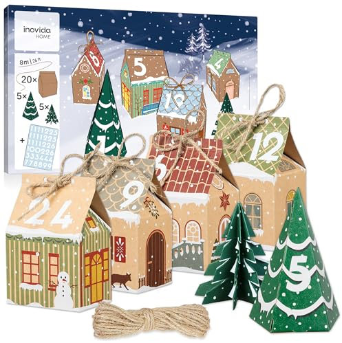 Calendario dell'Avvento da Riempire Bambini e Adulti 2025 Fai da Te – Casette di Carta e Adesivi con Numeri – Calendario di Natale da Riempire – di Inovida