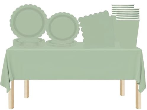 69Pcs Sage Green Party Tableware Plastic Sage Green Table Cloth,Paper Plates Napkins Serviettes and Cups,Sage Green Party Decorations Dinnerware Set for Birthday Baby Shower Sage Green Party Supplies