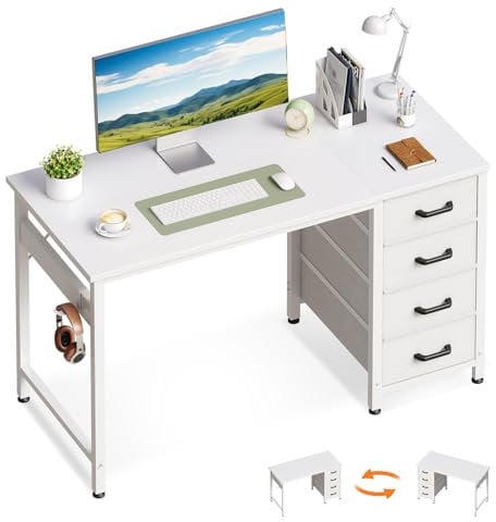 ODK Piccola Scrivania con 4 Cassetti, Tavolo per Computer con Gancio per Cuffie, Scrivania Ufficio Reversibile per Piccolo Ufficio in Casa (Bianco, 100×48×75,7cm)