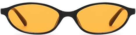 LJCZKA Retro Ovale Sonnenbrille für Damen, 90er Vintage Kleine Katzenaugen Sonnenbrille Mode Oval Brille Schmal Rahmen Schattierungen mit UV Schutz (Schwarz Gelb)