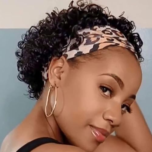 Fereowth Echthaar Kopftuch Haarband Perücke Kurz Lockig Schwarz - 100% Menschliches Haar Afro Locken Perücke für Frauen