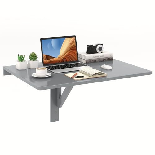COSTWAY Wall-mounted Drop-leaf Table, Folding Floating Laptop Desk, Space Saving Hanging Table for Study, Bedroom, Bathroom, or Balcony, 80x60CM (Grey)