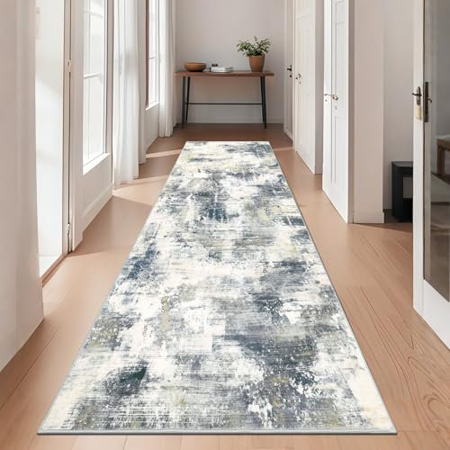 SHACOS Langer Flur Teppich Läufer rutschfest 80x200 cm, Küchenteppich Waschbar Teppichläufer Abstrakt Modern Flurteppich Läufer Lang Kurzflor Teppich Läufer für Flur, Küche, Schlafzimmer, Blau