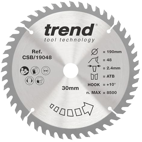 Trend Wood Circular Saw Blade, 190mm Diameter, 30mm Bore, 48 Teeth, 2.4mm Kerf, +10° Hook, TCT, Fine Finish, CSB/19048