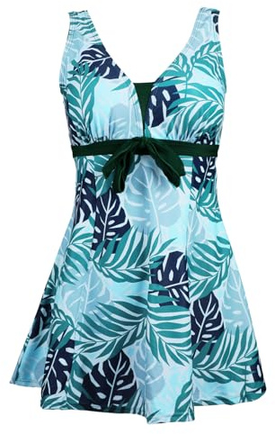 Ecupper Maillot de Bain Une Pieces pour Femme Rétro Jupe avec Volantée Contrôle du Ventre Push Up Col en V Vert de Gris XL