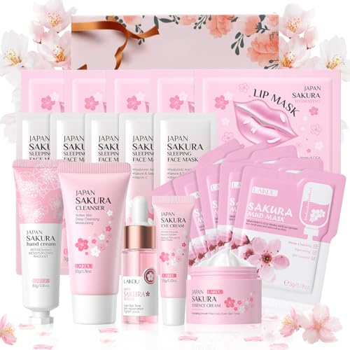 LAIKOU Sakura Beauty Geschenksets, 8-tlg Hautpflegeset für Teenager Mädchen | Reisegröße Hautpflege mit Gesichtsreiniger Serum Handcreme Hydrocreme Lippenmaske Gesichtsmaske Schlammmaske