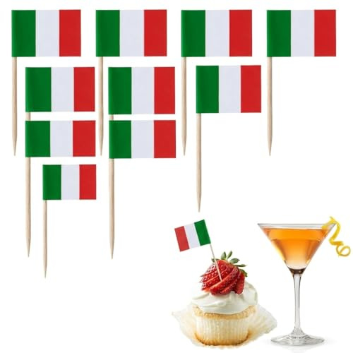 100 Stück Italien Länder Flagge Zahnstocher Flagge,Italienische Deko Zahnstocher Flaggen für Fußball Wm 2026 EM Fußball,Cocktail Italienische Picks Druck,Obst Picker Papier Kuchen Topper Sticks