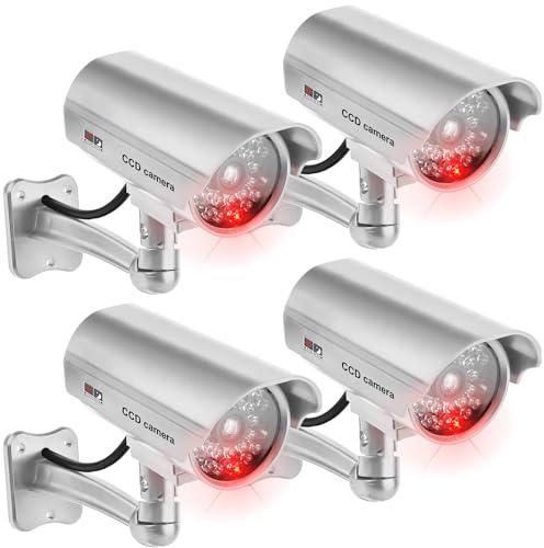 4 Stück Kamera Attrappe, Überwachungskamera Attrappe mit Rot Blinkender LED, Wandhalterung Dummy Kamera, Fake Kamera, Kamera Atrappe Außen für Wand Decke im Innen und Außenbereich, Silber