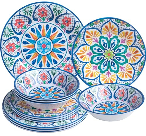 ZAROCRUS Melamine Dinnerware Sets, 12-Piece Dinner Dishes Set for 4, Durable & Non Breakable Plates Bowls Set, Shatterproof BPA-Free Dishware for Outdoor Dining,Picnic,Camping,RV–Paisley Design