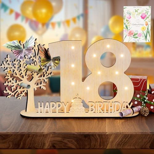 Vimlits Holz Schild Gästebuch, 18 Geburtstag Geschenk Mädchen & Jungen - Originelle Geldgeschenke mit Funkelnde LED Lichterkette 18 Geburtstag Deko Hochzeit Jubiläum Tisch Deko Zahlen