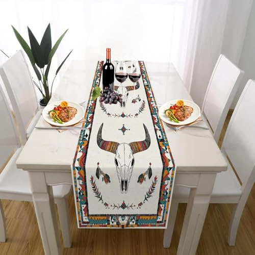 Western Bull-Schädel Tischläufer Einschulung Deko, Indianer Tribal Ethnisch Tischdeko Waschbar Küche Tisch Dekoration Geburtstag Hochzeitsdeko 30x120cm