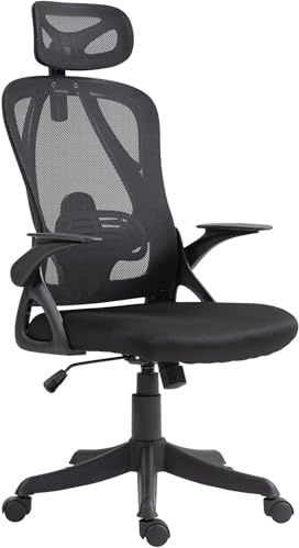Bürostuhl Ergonomisch mit Wippfunktion, Schreibtischstuhl Höhenverstellbar mit Kopfstütze und Klappbare Armlehnen, Drehstuhl Office Chair Arbeitsstuhl Bürosessel mit Lendenwirbelstütze (schwarz)