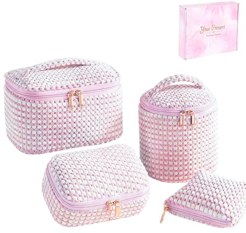 Lot de 4 trousses de toilette pour femme à pois roses avec trousse de toilette, sac rond, pochette et triangle pour filles et femmes (12-15-20-30 ans) avec boîte cadeau