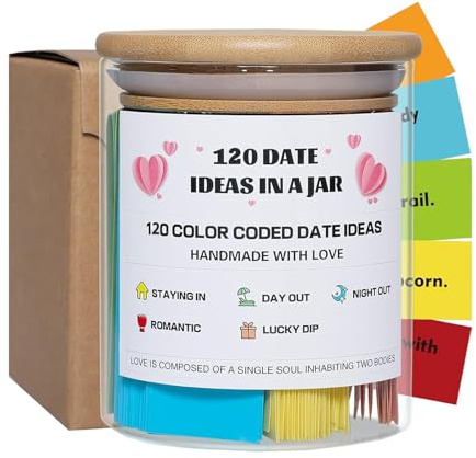 100 Date Ideas In A Jar, Wedding Date Capsules, Valentines Day Jar, Creative Ideas Scrolls Capsules In A Stylish For Newlyweds, Girlfriend, Husband, Night Color Coded
