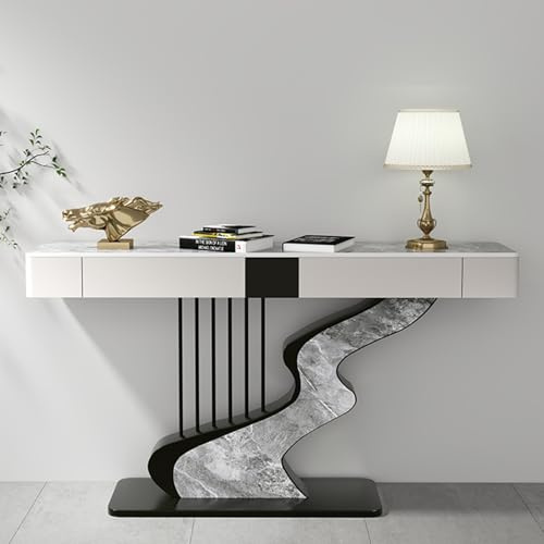 HDZNDH Console Meuble Moderne avec Tiroirs, Console Entree Compacte avec Plateau en Pierre Frittée, Table De Couloir en Fer Forgé en Forme De Harpe, Montage Facile pour Salon Ou Entrée.